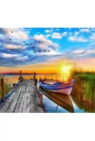 Malowanie po numerach. Stary pomost z łodką na tle zachodu słońca